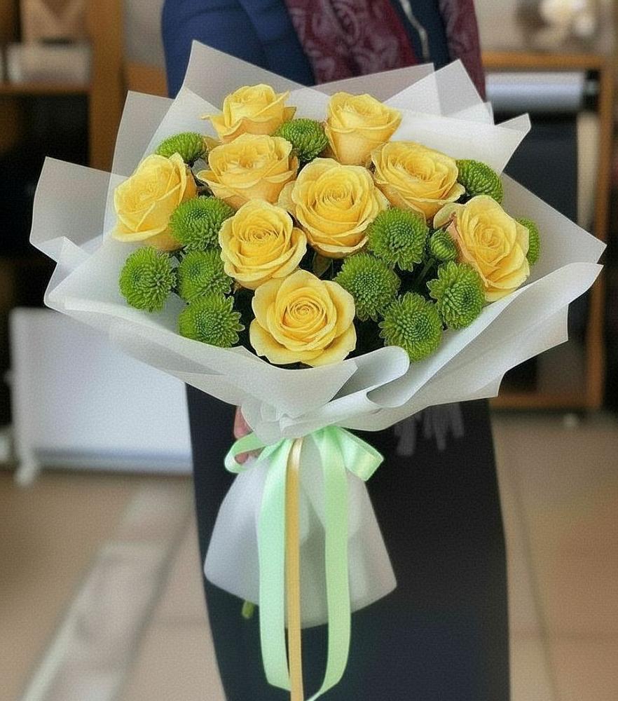 Букет цветов из: Хризантемы и Розы в Опытное Поле