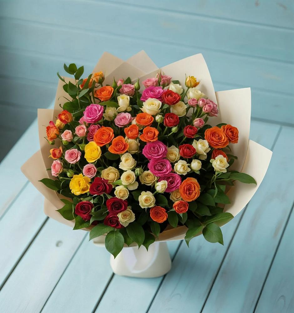 Букет Микс из разноцветных кустовых роз в Опытное Поле