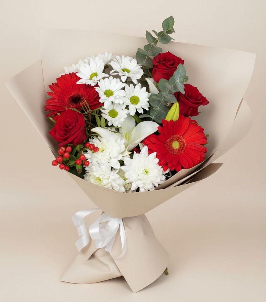 Букет цветов из: Розы, Хризантемы, Герберы и Лилии в Опытное Поле