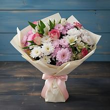 Букет цветов из:  Хризантемы, Альстромерии и Розы #REPLACE_PRED# Опытное Поле