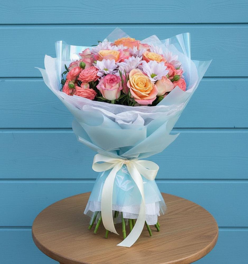 Букет цветов из: Хризантемы и Розы в Опытное Поле