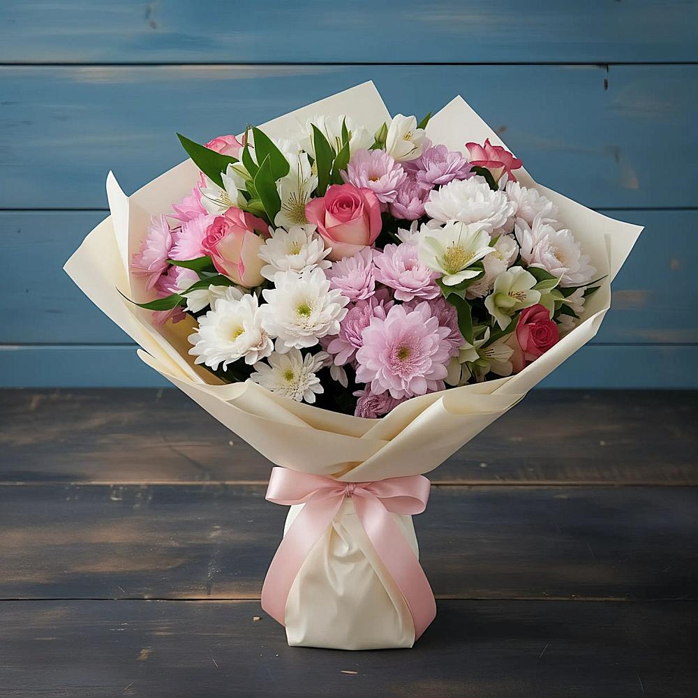 Букет цветов из: Хризантемы, Альстромерии и Розы в Опытное Поле